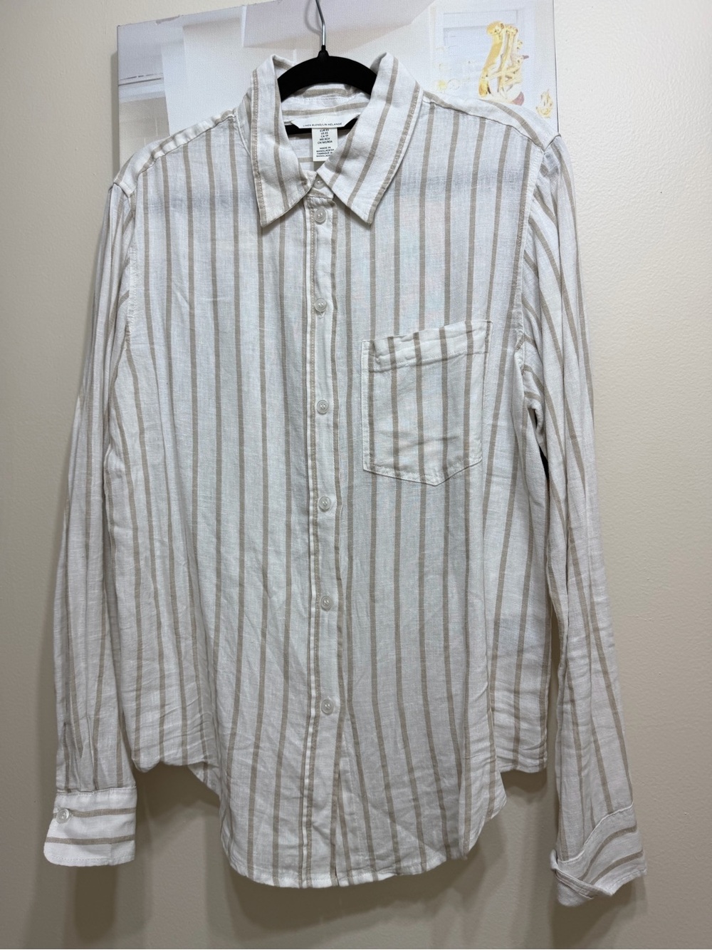 H&M White Button-Down Shirt with Tan Vertical Stripes